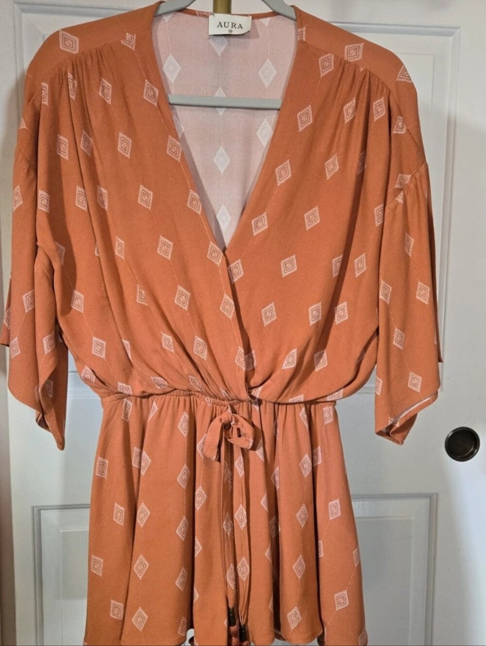 Aura Burnt Orange Geometric Printed Drawstring Boho Romper